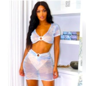 Shape dusty blue oriental mesh ring detail crop top and body con skirt